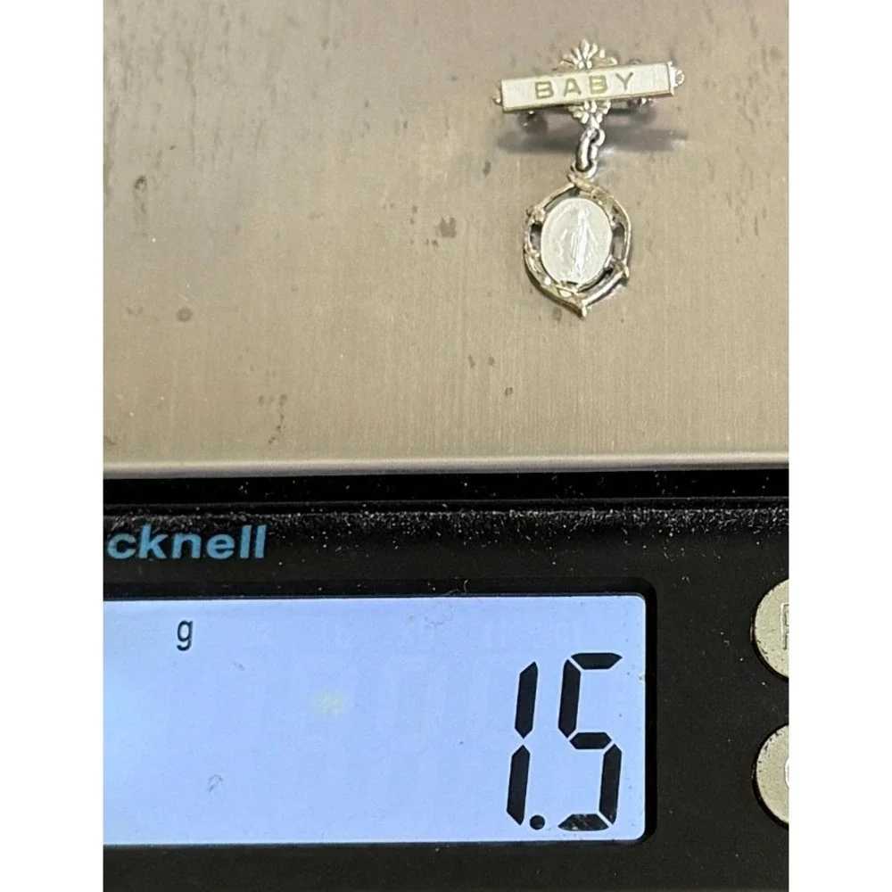 Vintage Sterling Silver Chapel White Enamel Miraculous Medal Baby Pin 1